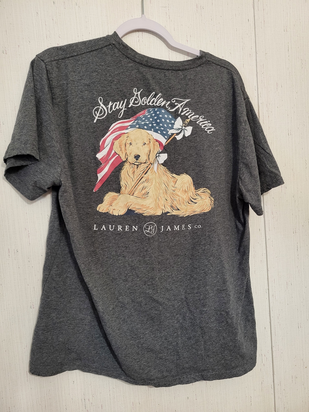 Lauren James Women's Heather Grey Patriotic Golden Retriever T-Shirt Size Large